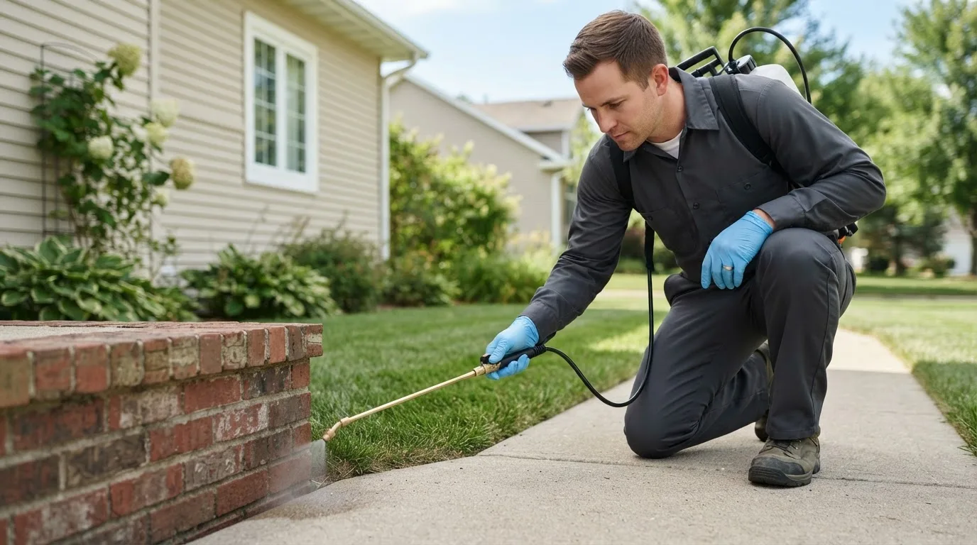 Pest control technician treating a home near Minster, OH