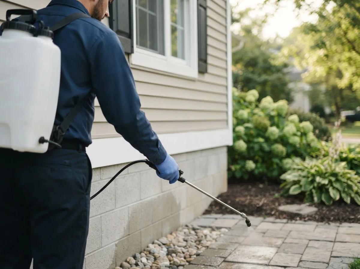 Pest control technician inspecting a home in Minster, OH